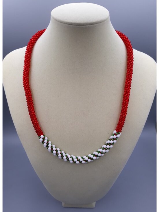Unbranded Jewelry - 22" Red Green Medium Seed BeadKumihimo (Japanese Braid) and White Glass Necklace